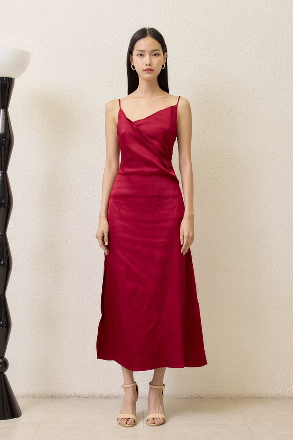 Bella Red Asymmetric Gathered Effect Dress