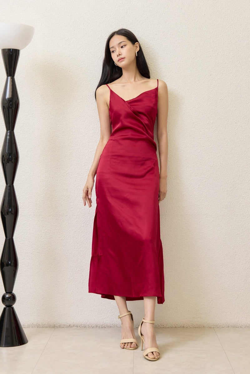 Bella Red Asymmetric Gathered Effect Dress