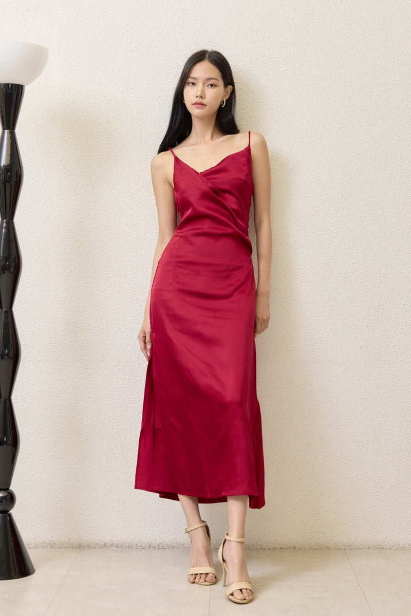 Bella Red Asymmetric Gathered Effect Dress