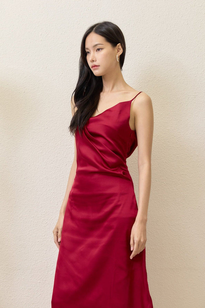 Bella Red Asymmetric Gathered Effect Dress