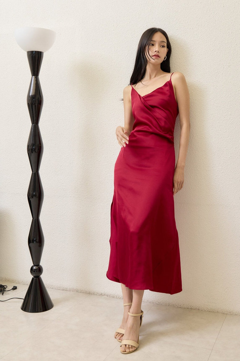 Bella Red Asymmetric Gathered Effect Dress